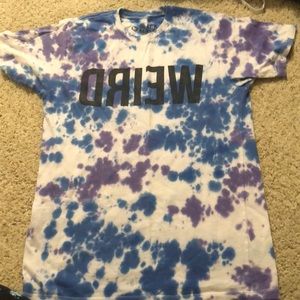 “Weird” backwards blue and purple tie dye tee